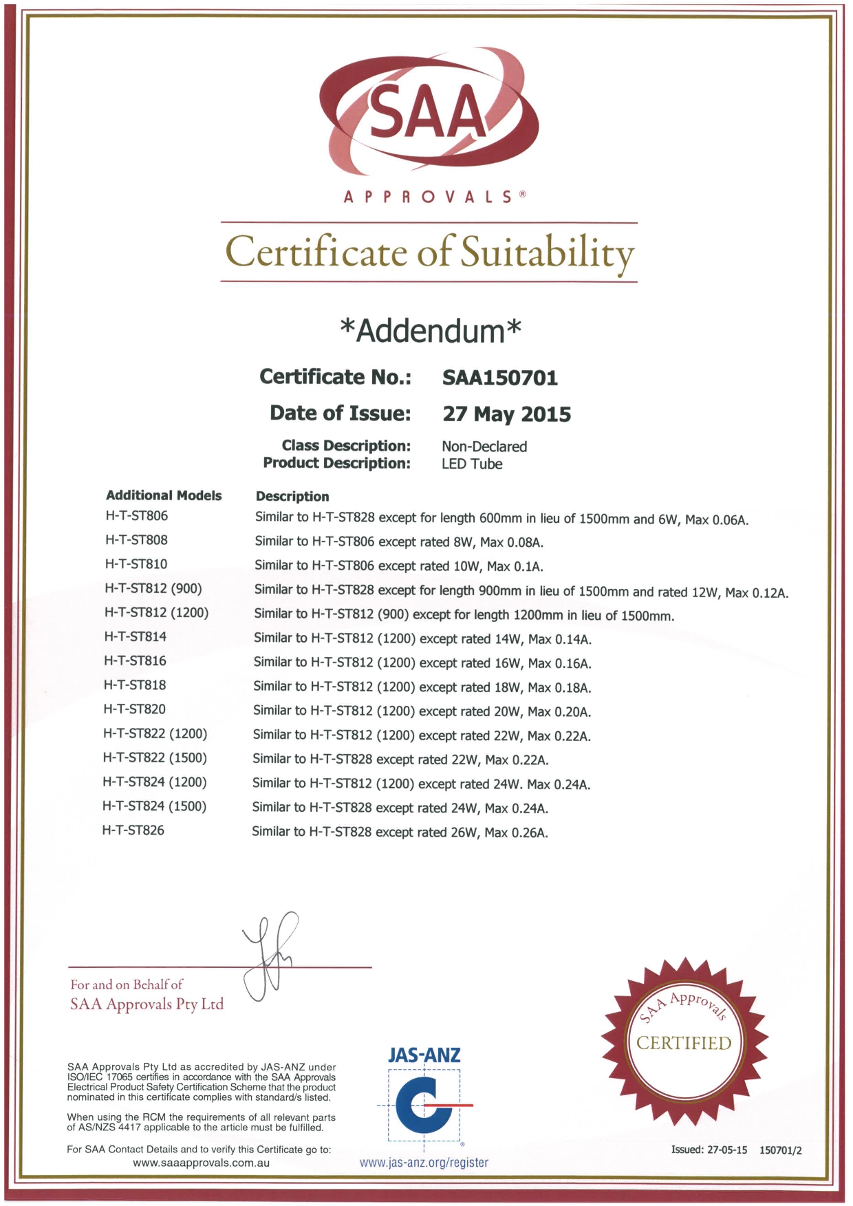 saa certificate of Led tube